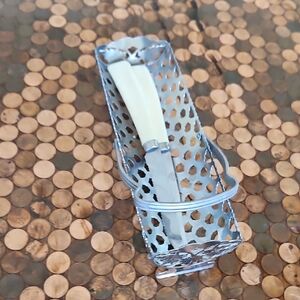 Silver Tone  Metal Utensil Holder with Cream Handle Knife. knife Is Not Included
